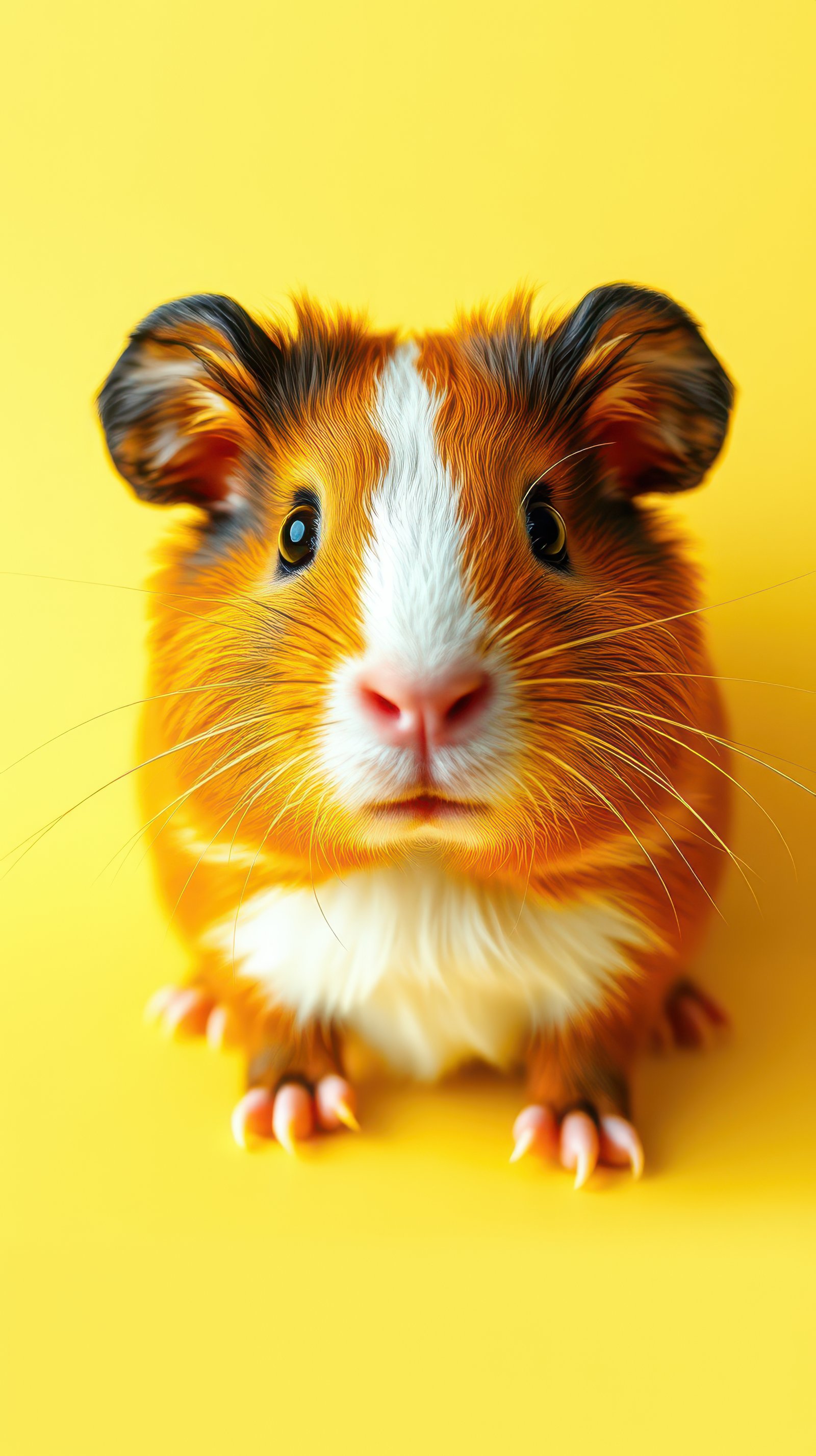 A brown and white guinea pig sits on a yellow background